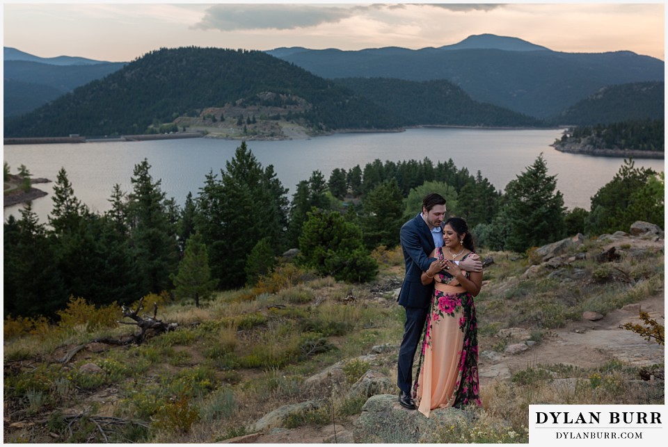 boulder colorado engagement session in the mountains gross reservoir at sunset