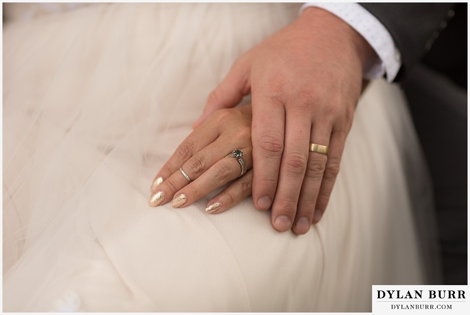 denver botanic gardens wedding colorado woodland mosaic bride groom wedding rings on hands