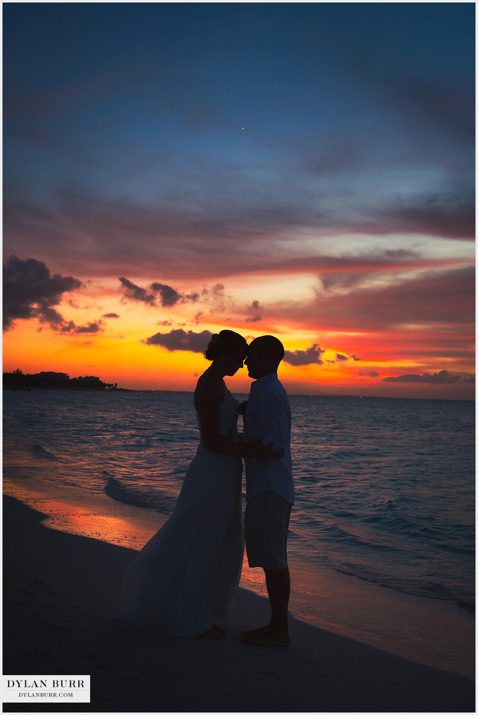 destination beach wedding couple at sunset silhouette turks caicos