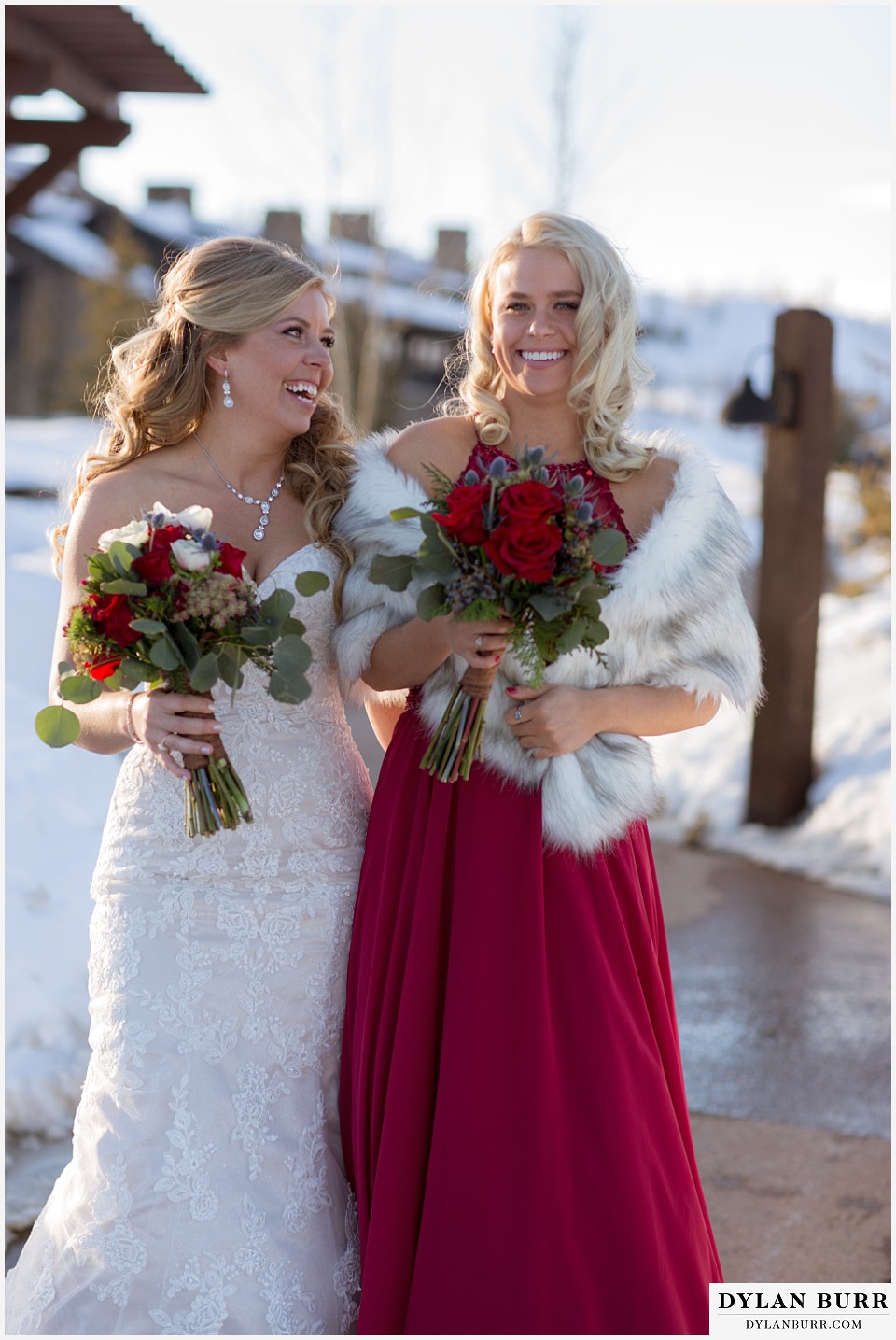 devils thumb ranch wedding in winter bride maid of honor sisters