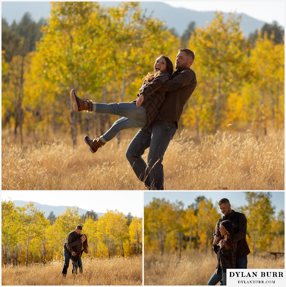 engagement photos golden colorado photographer hes swinging her around in a meadow field