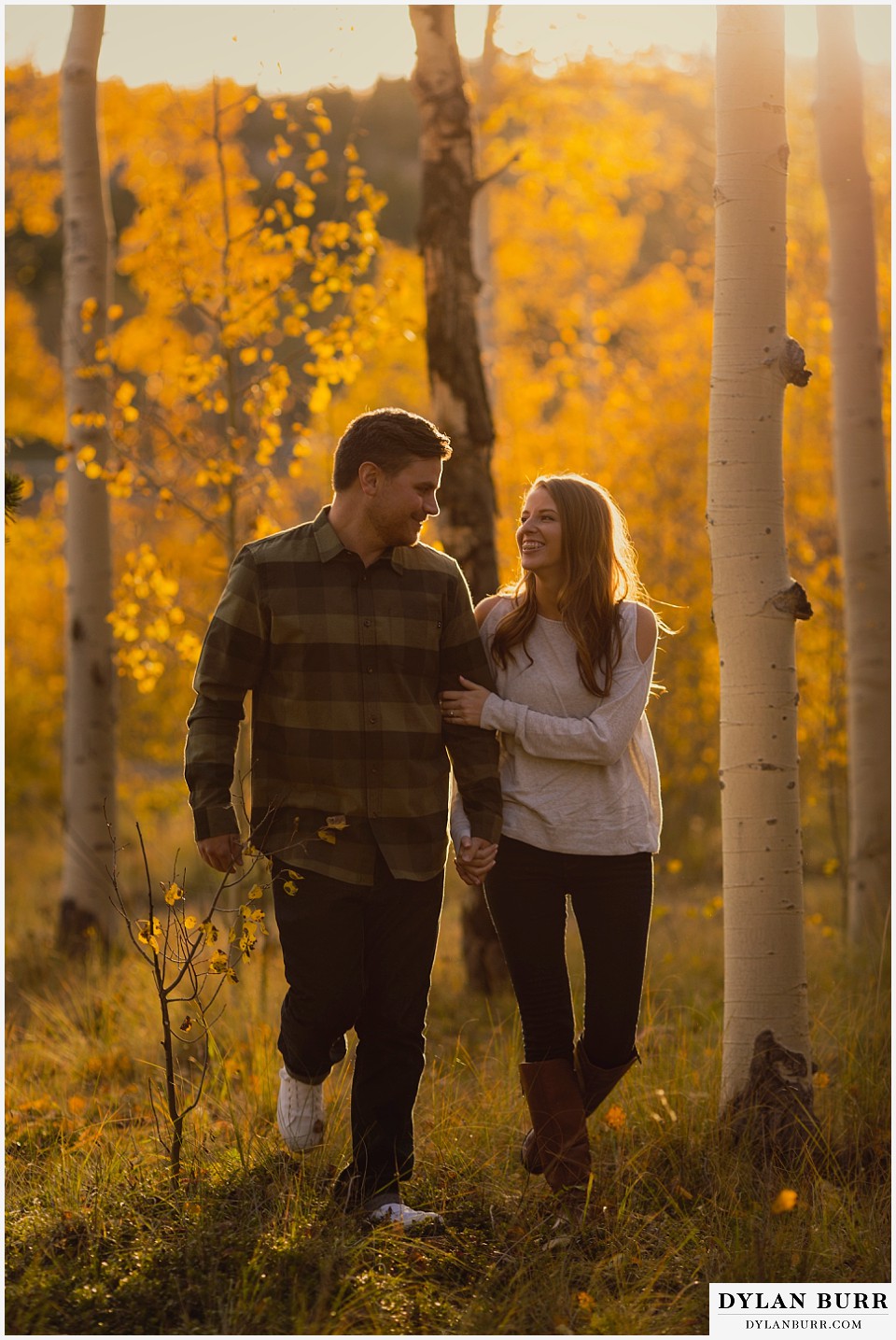 colorado mountains fall engagement photo session walking