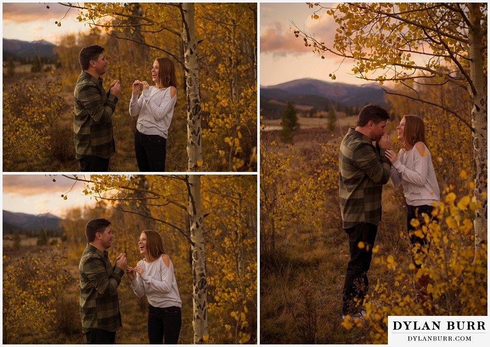 colorado mountains fall engagement photo session laughing together