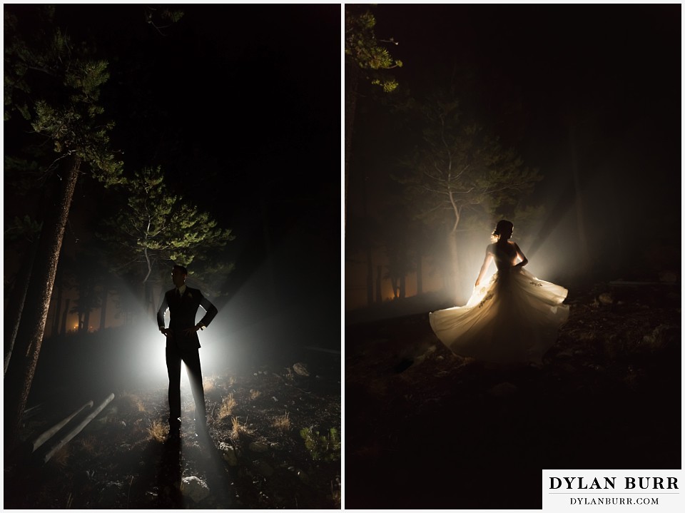 the lodge at sunspot wedding fall mountain wedding winter park night portraits of wedding couple bride and groom qin fog