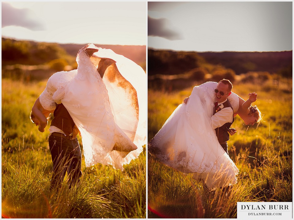 playful outdoor colorado wedding photos groom spinning bride