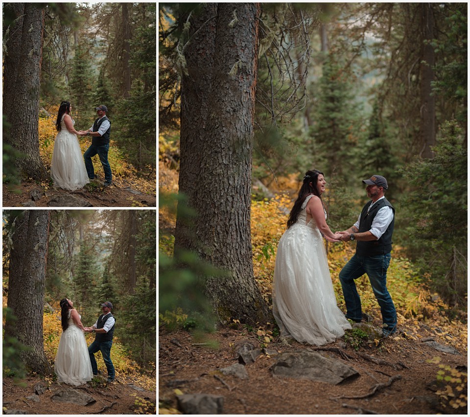 adventure elopement western colorado couple laughing together by giant pine trees