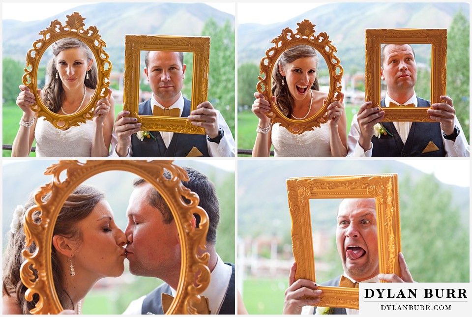 aspen colorado mountain wedding bride and groom with picture frames being fuuny and goofy