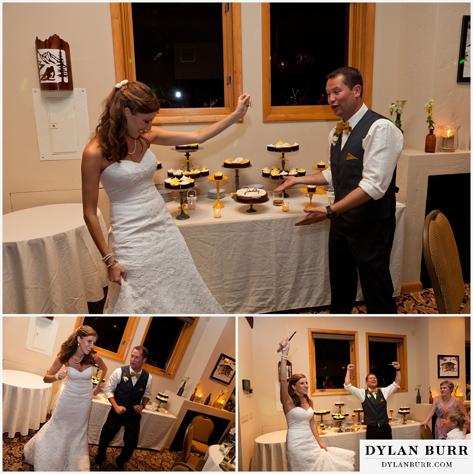 aspen colorado mountain wedding bride and groom dancing near cake