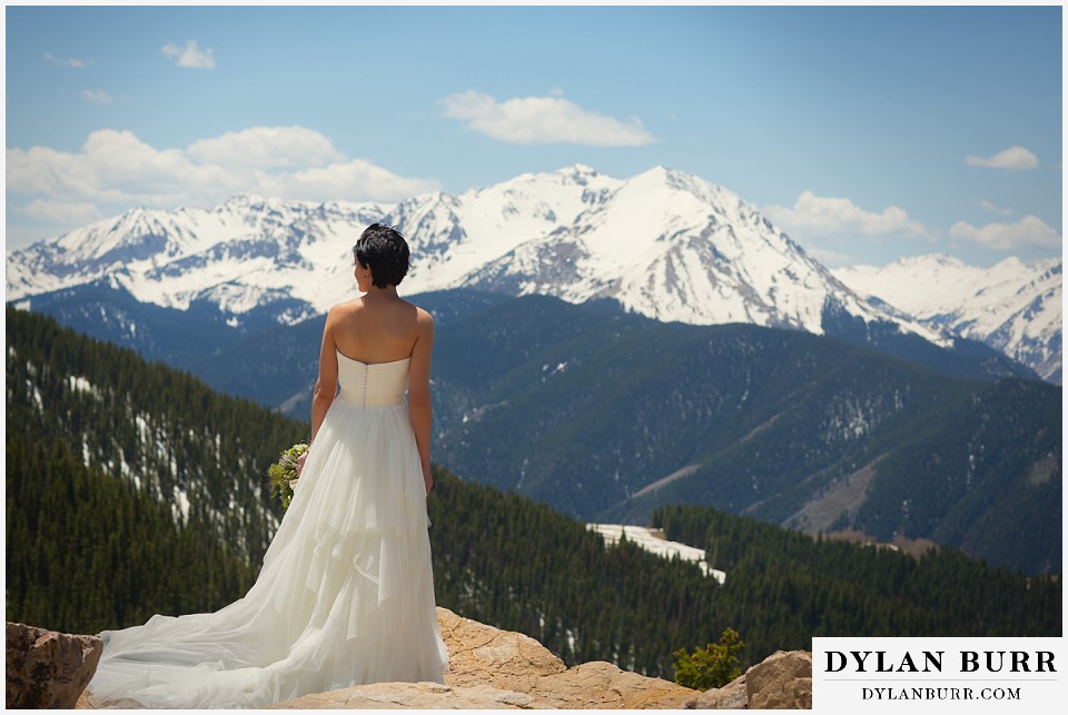 aspen wedding elopement bride on mountain top looking out
