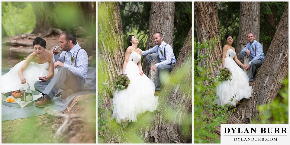 aspen wedding elopement bride and groom getting in tree