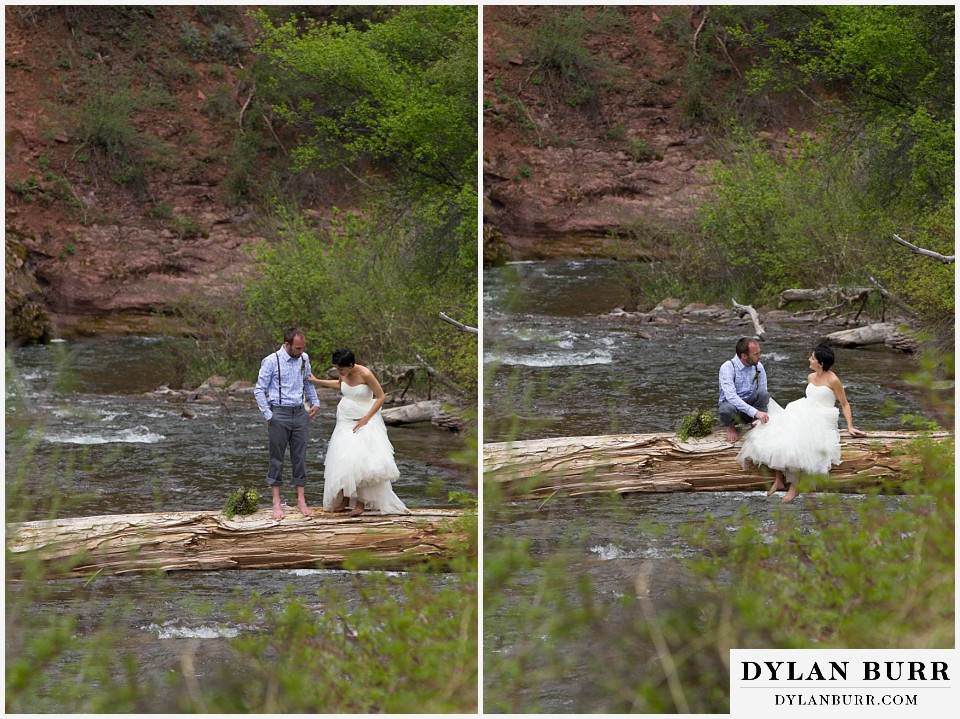 aspen wedding elopement bride and groom walking out on large log across river