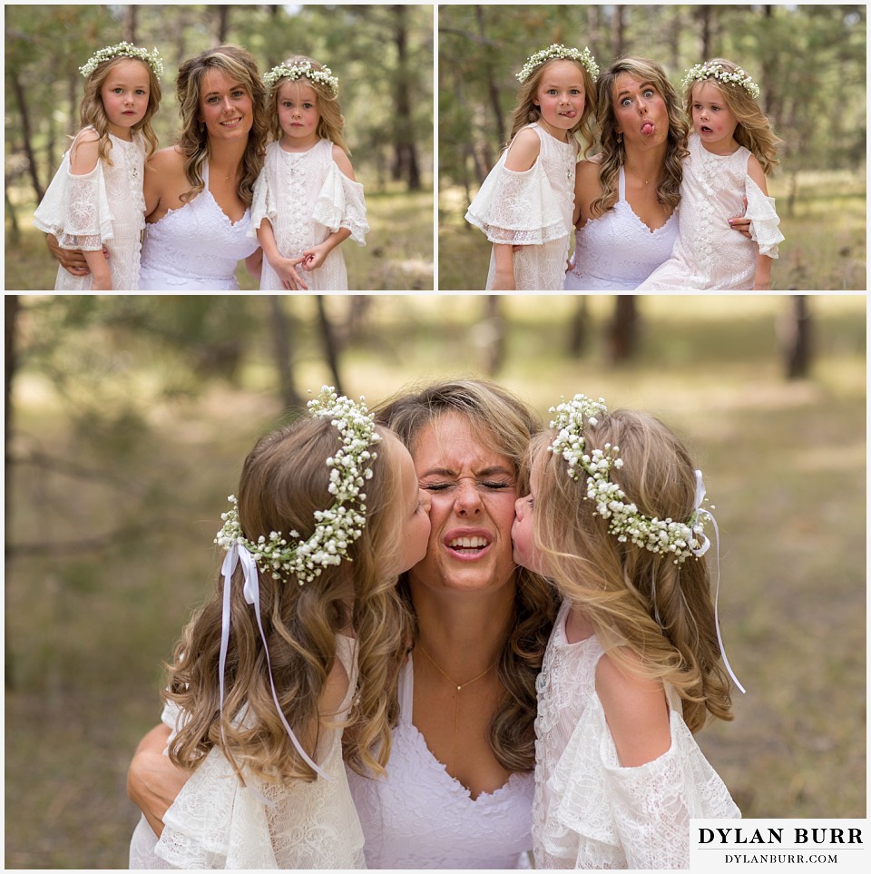 boho backyard colorado wedding bride being silly with daughters