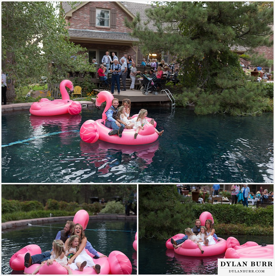 boho backyard colorado wedding bride adn groom riding on flamingo float in pool