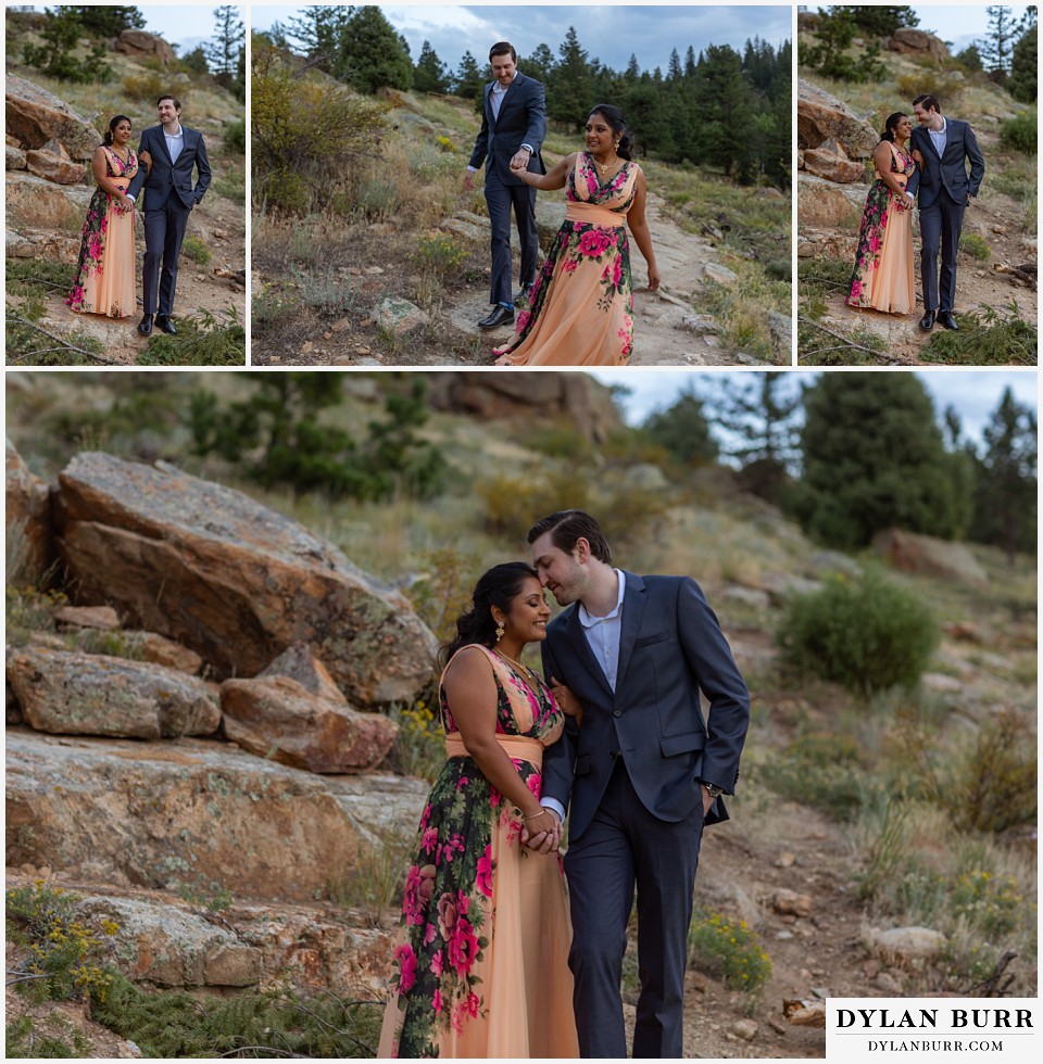 boulder colorado engagement session in the mountains couple walking to lake holding hands
