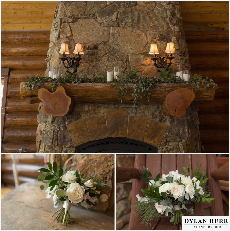 breckenridge nordic center wedding colorado mountain wedding photographer wedding bouquet and fireplace