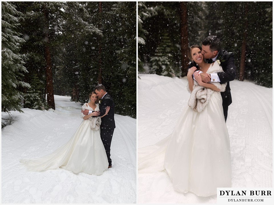 breckenridge nordic center wedding colorado mountain wedding photographer couple hugging and lauging in falling snow