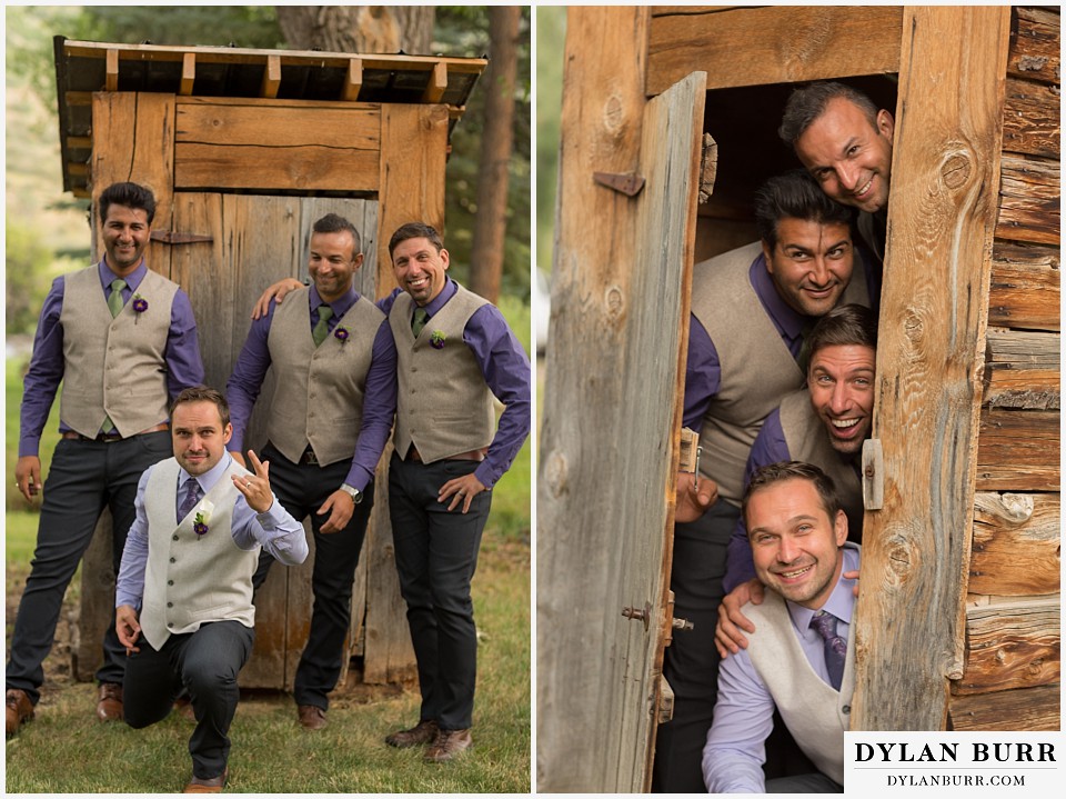 buford lodge wedding buford colorado meeker grooms and groomsmen in old outhouse funny