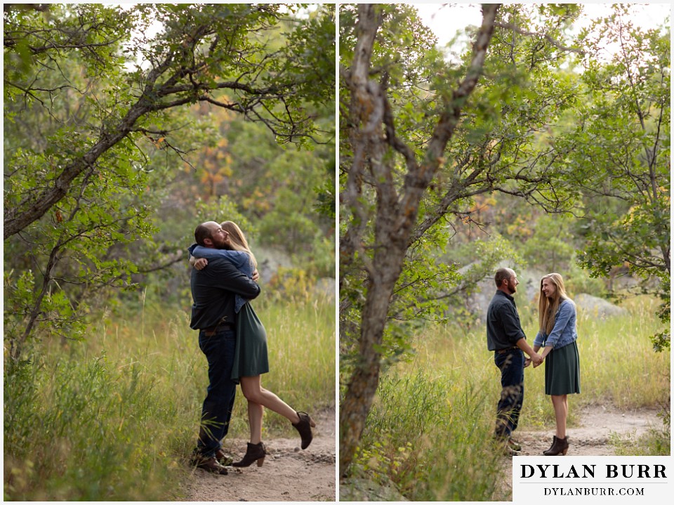 castlewood canyon engagement photos couple coming in close together