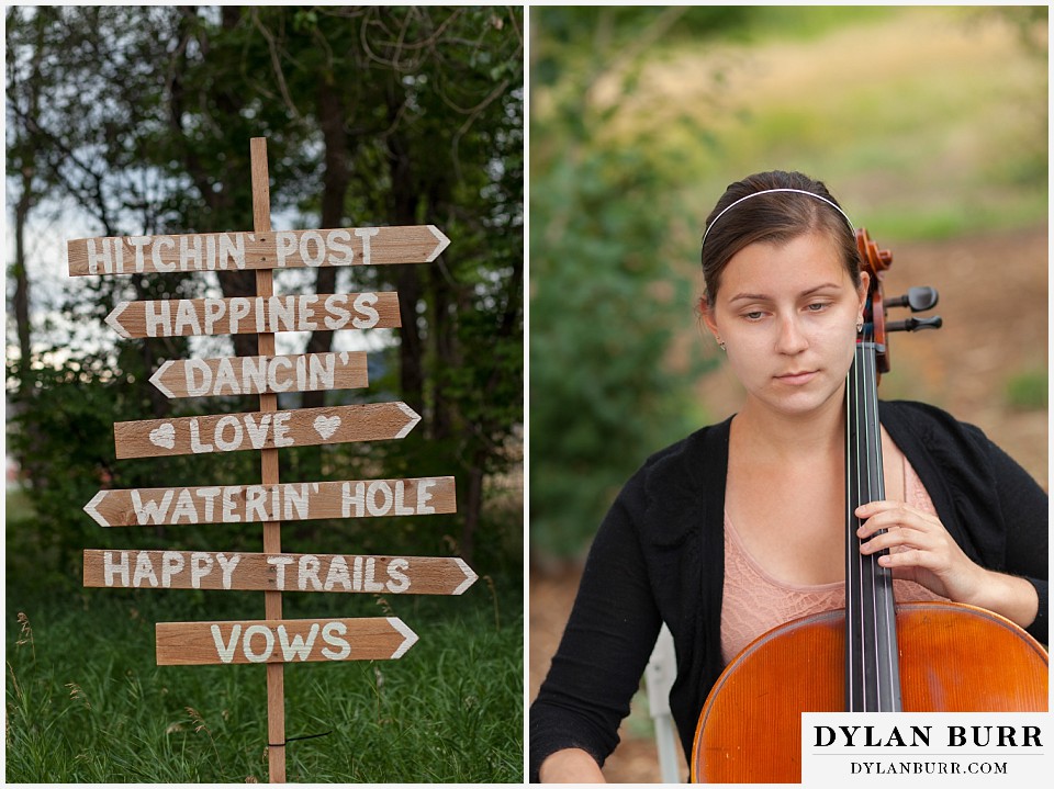 chatfield farms wedding botanic gardens handmade directional signs and arrows, cellist player