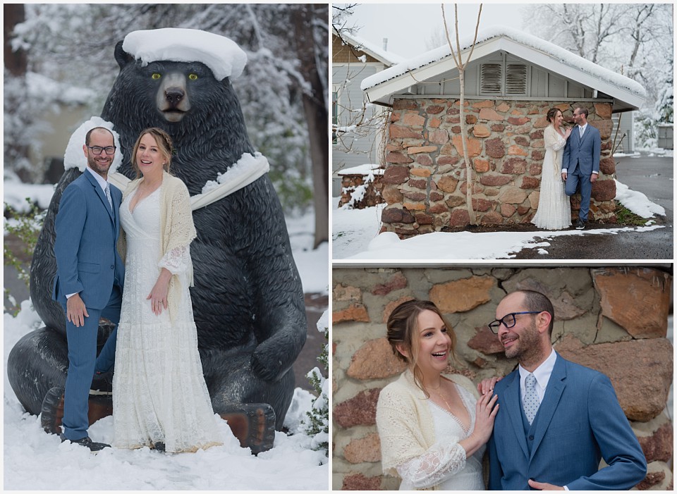 chautauqua community house wedding couple with bear statue