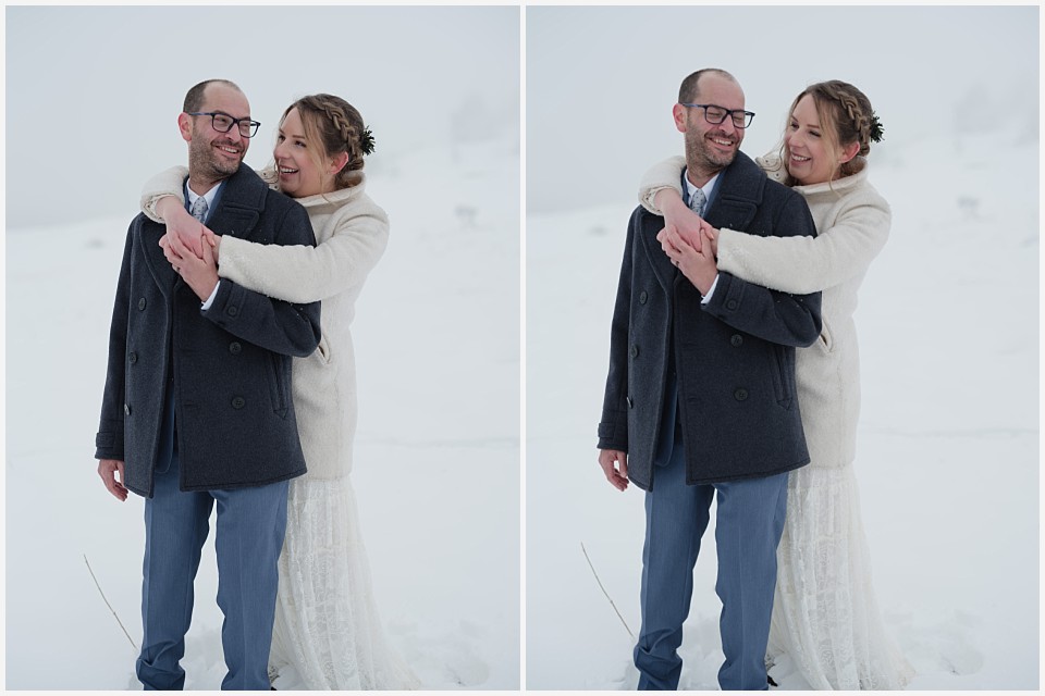 chautauqua community house wedding couple in pea coats in snowy spring wedding