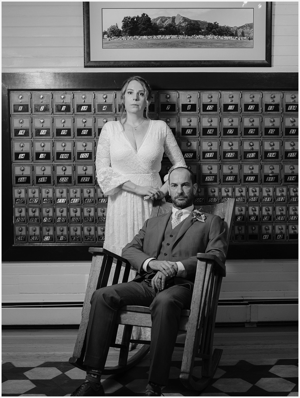 chautauqua community house wedding couple with mailboxes