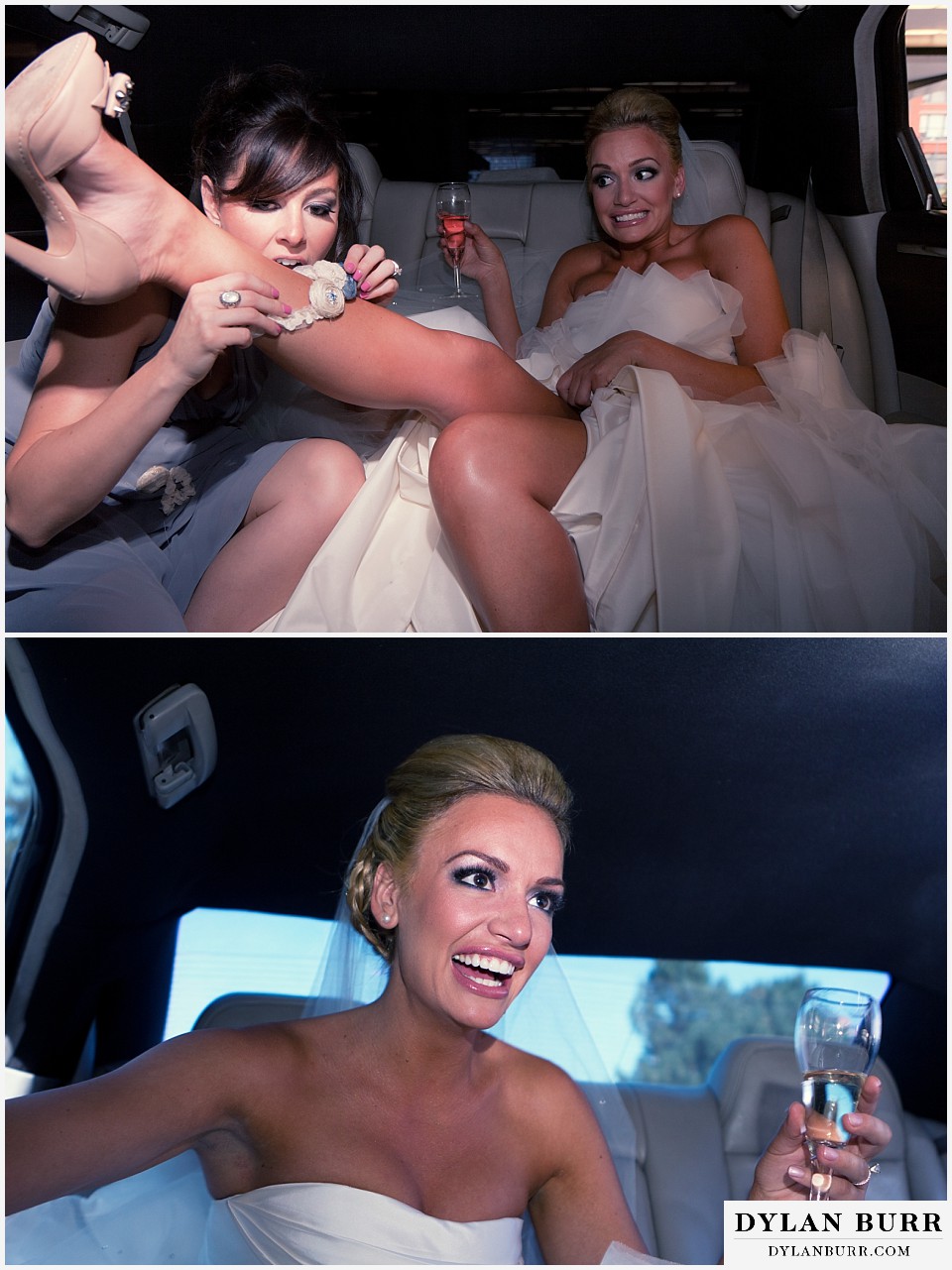 cheesman park pavilion wedding bride in limo being funny