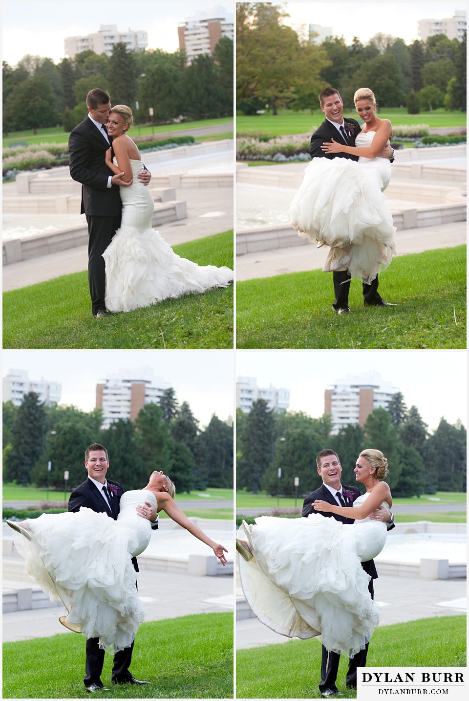 cheesman park pavilion wedding groom holding up bride and laughing