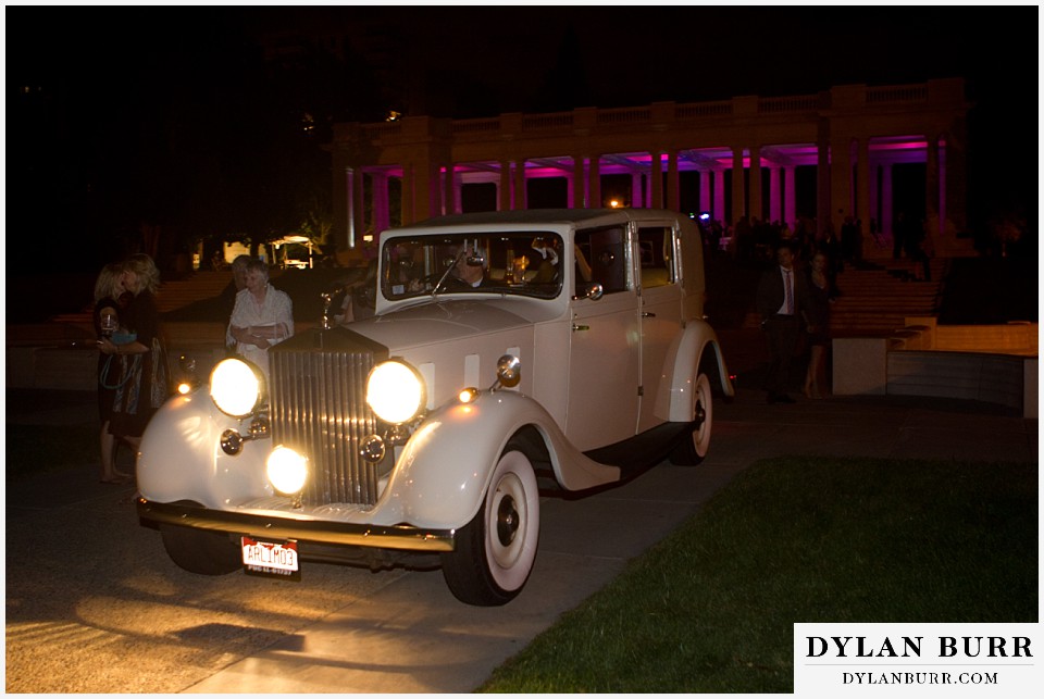 cheesman park pavilion wedding classic Rolls Royce leaving reception