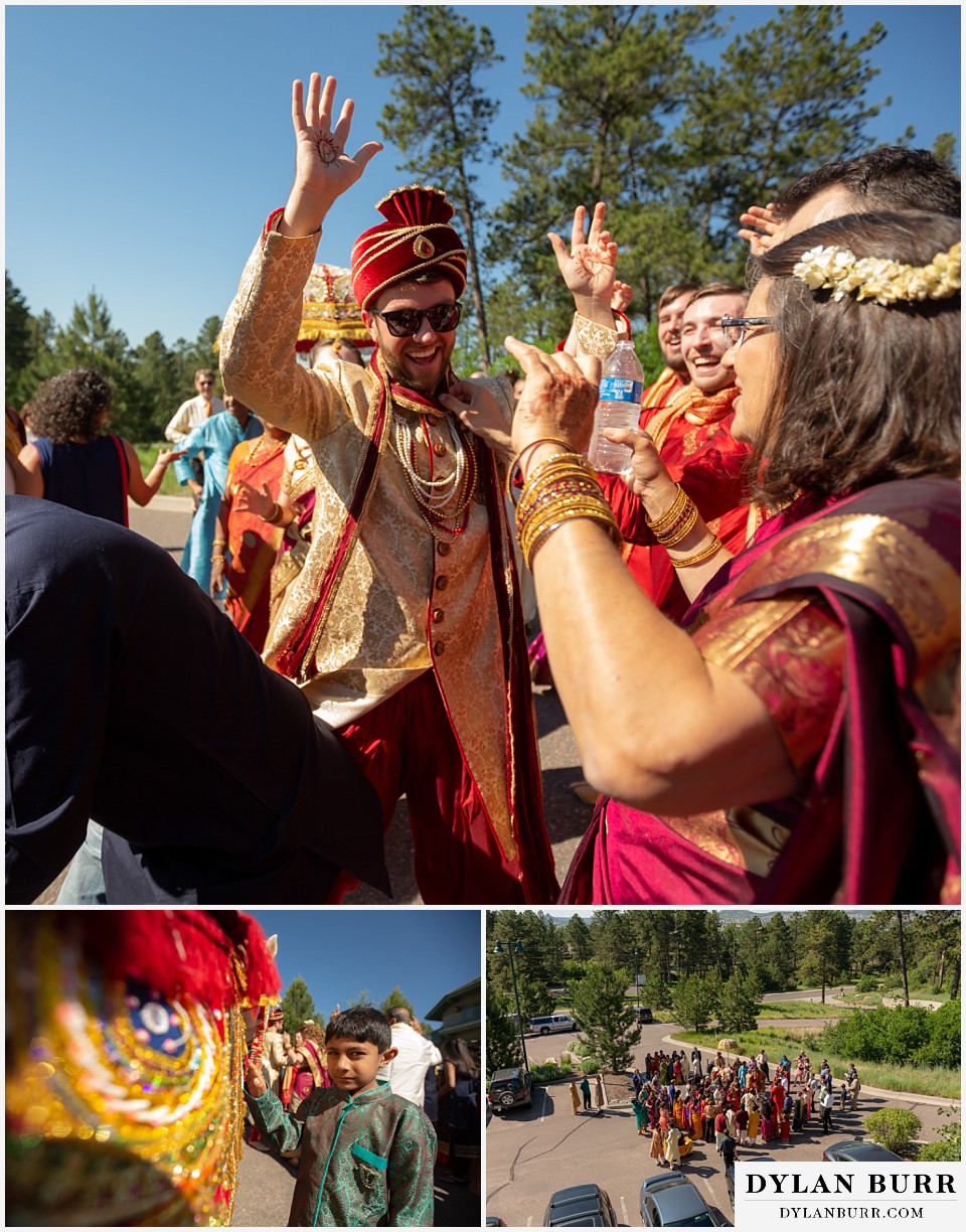 cielo at castle pines wedding colorado mountain wedding groom dancing hindu barat henna hands