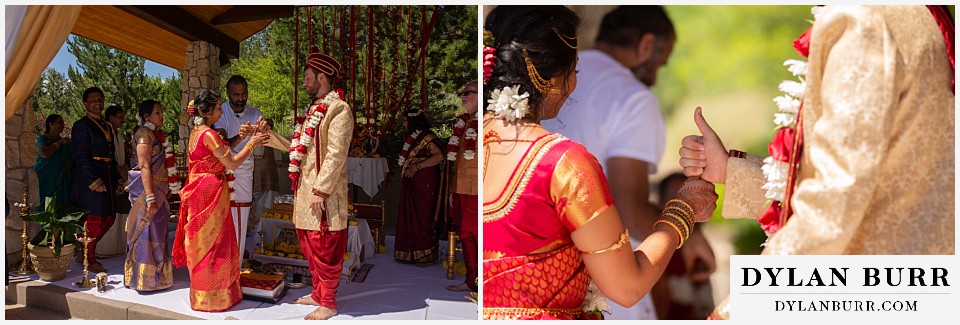 cielo at castle pines wedding colorado mountain wedding bride and groom enter hindu mandap