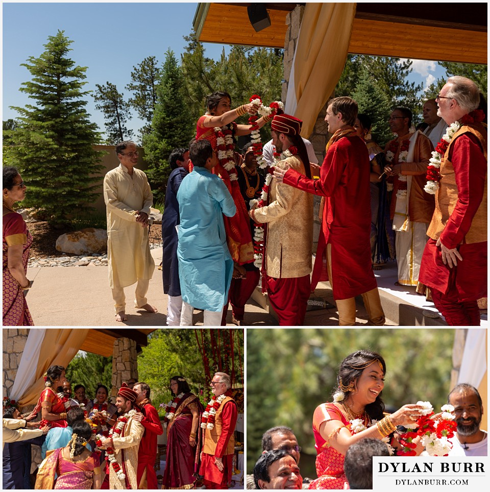 cielo at castle pines wedding colorado mountain wedding bride and groom exchanging garlands hindu ceremony