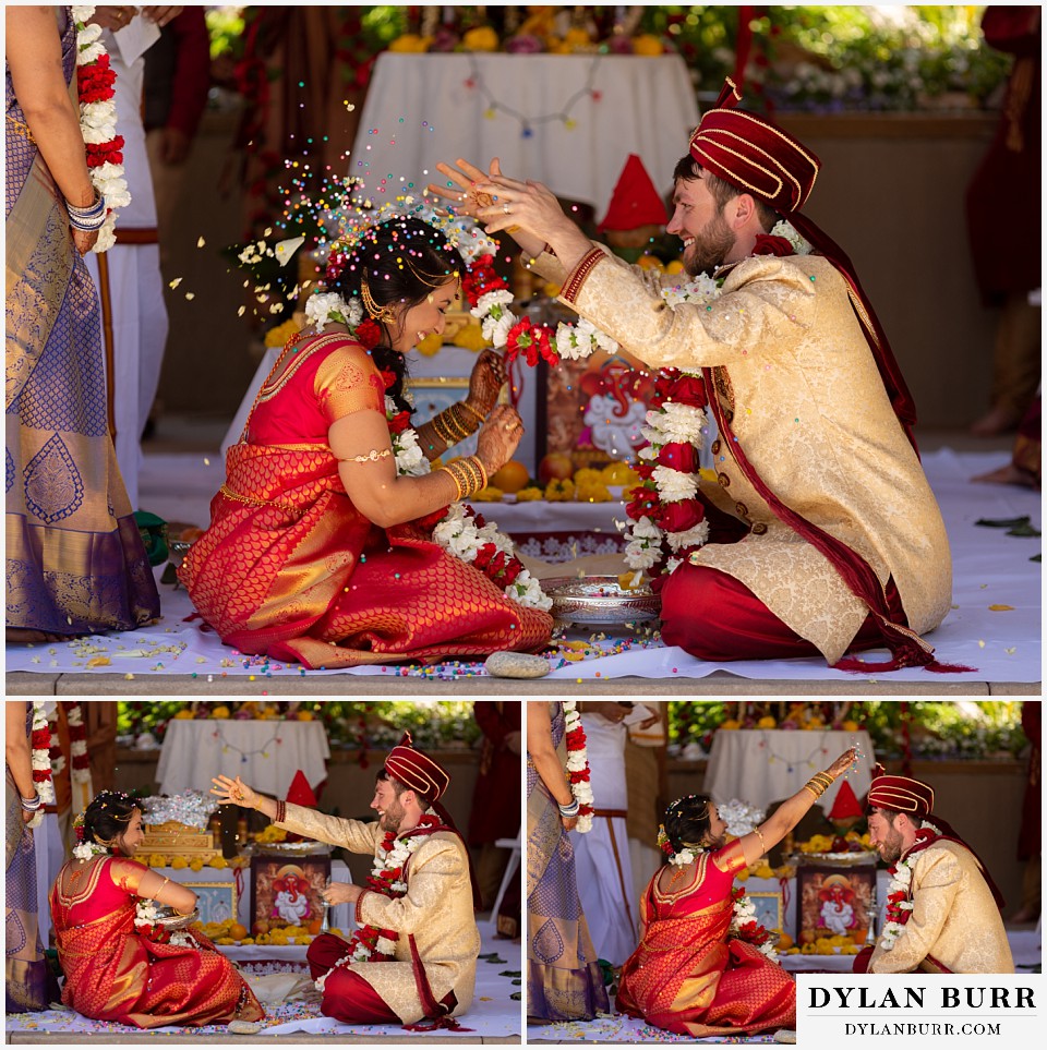 cielo at castle pines wedding colorado mountain wedding bride and groom with confetti during hindu wedding ceremony