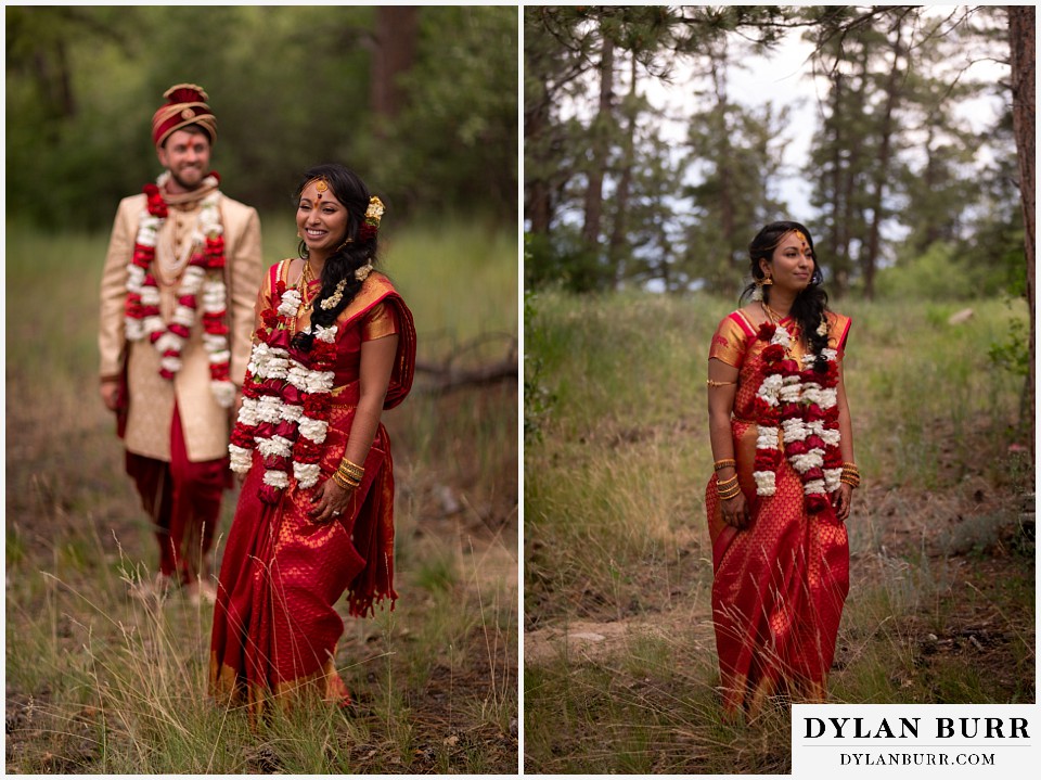 cielo at castle pines wedding colorado mountain wedding hindu bride alone and with groom in background