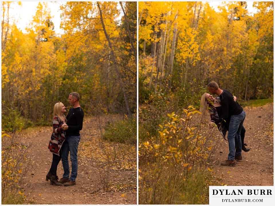 engagement photos in colorado couple dancing in a mountain road