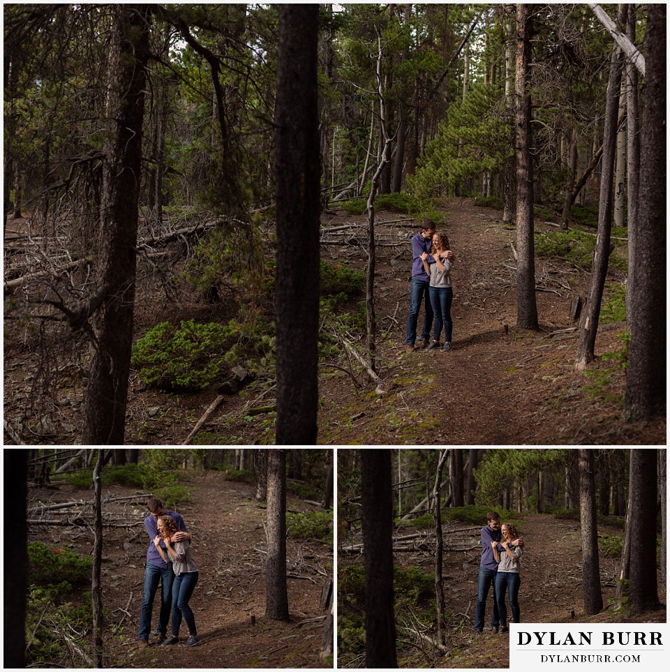 colorado mountain enagagement photo session walking on forest trail and laughing