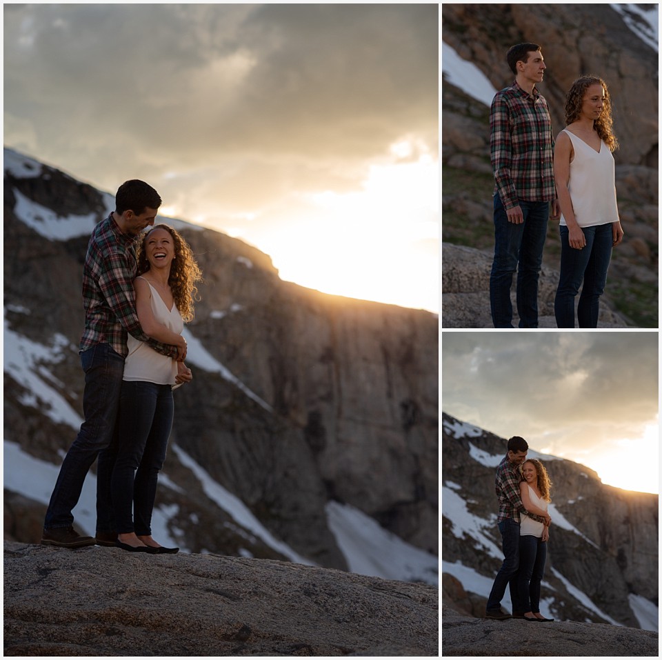 colorado mountain enagagement photo session couple having fun in mountains at sunset