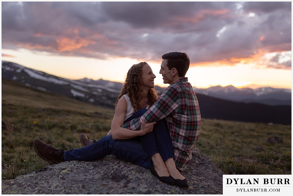 colorado mountain enagagement photo session couple together at sunset