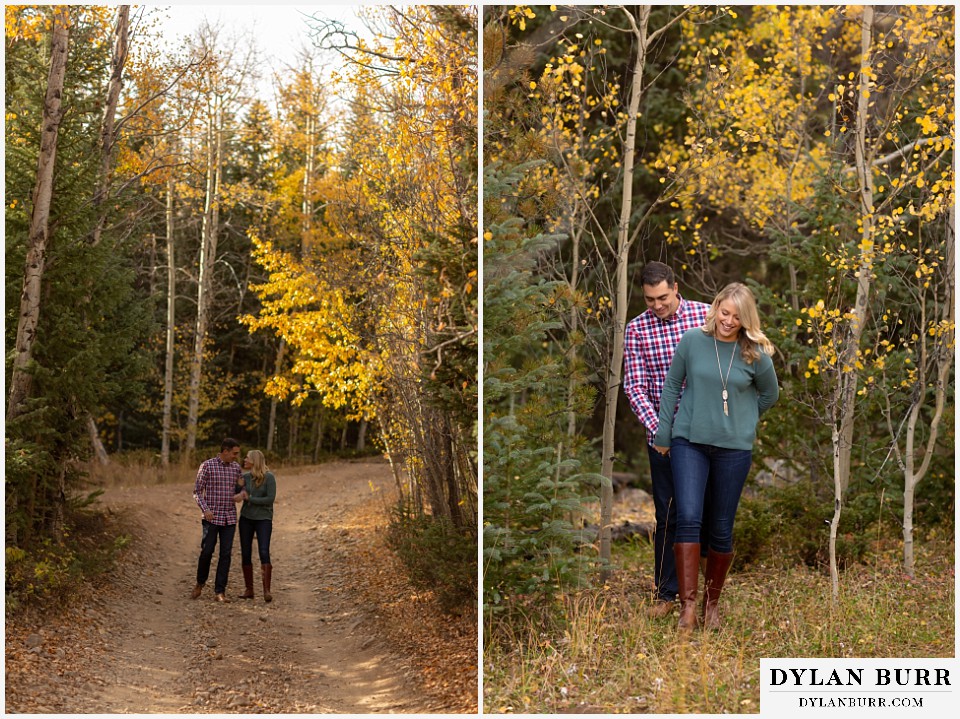 colorado mountain engagement session walking on rocky dirt road with each other
