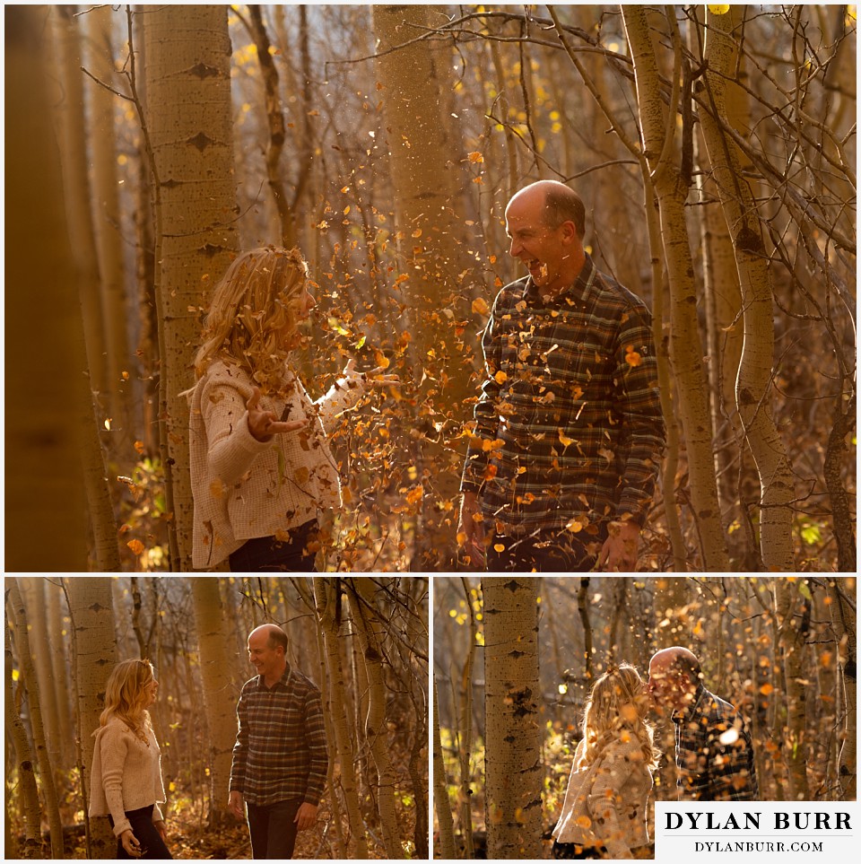 colorado engagement session in mountains playing and throwing leaves on each other
