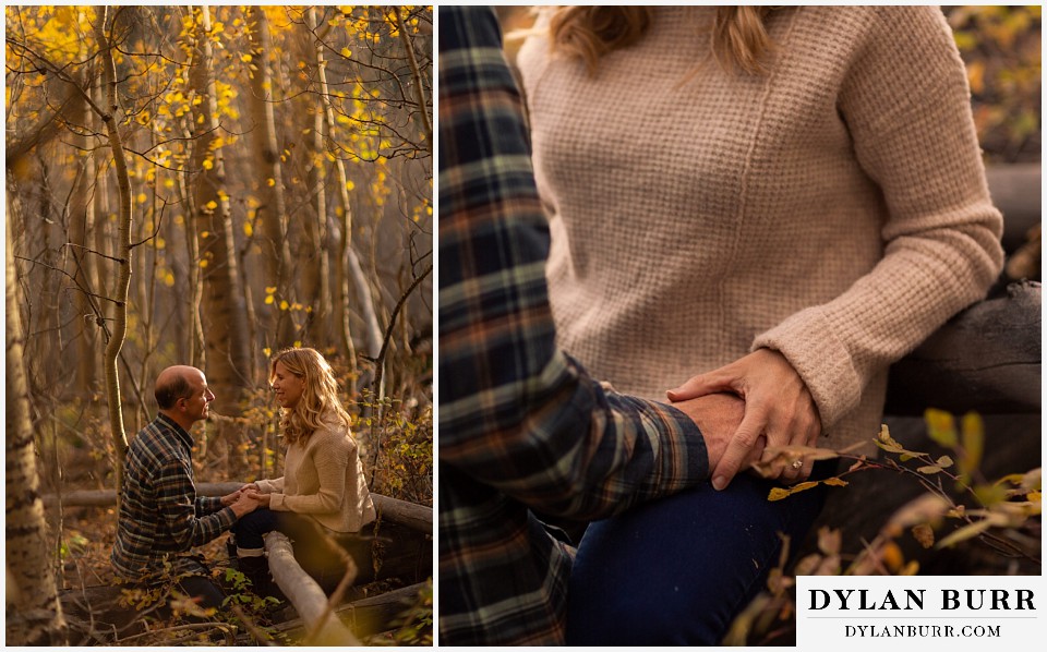 colorado engagement session in mountains engagement ring holding hands