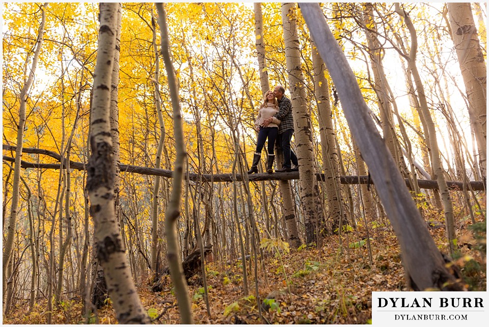 colorado engagement session in mountains standing together on tall fallen tree in the air