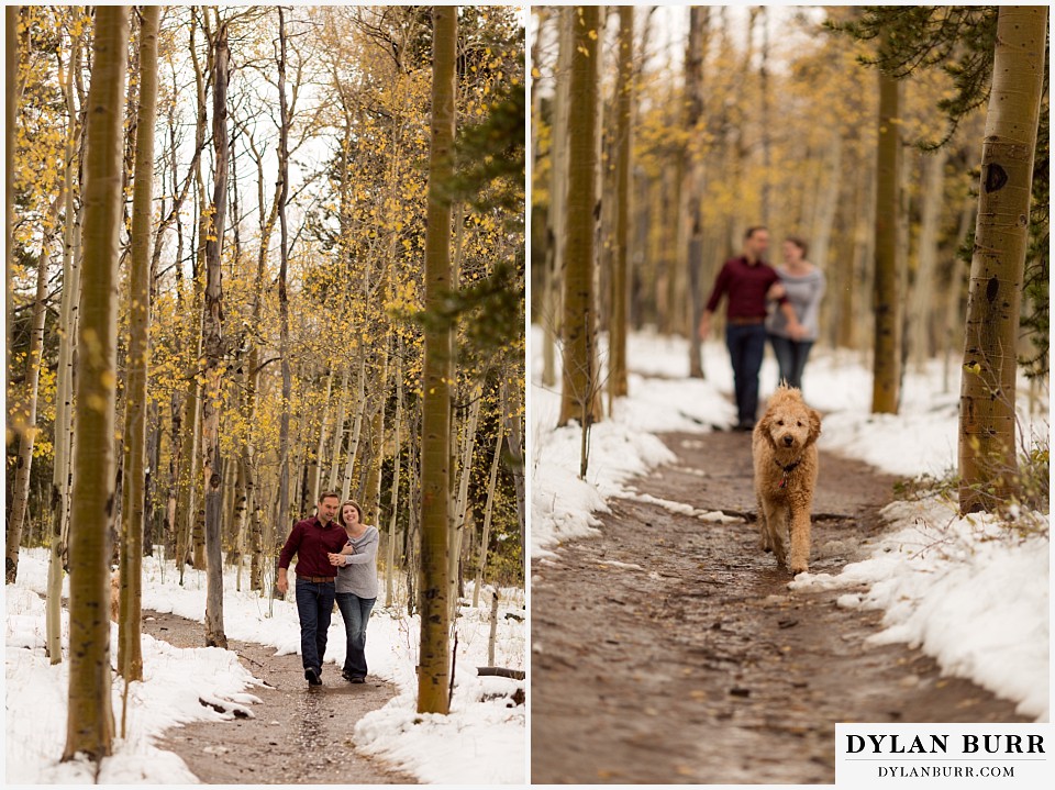 colorado mountain engagement session walking together on snowy trail