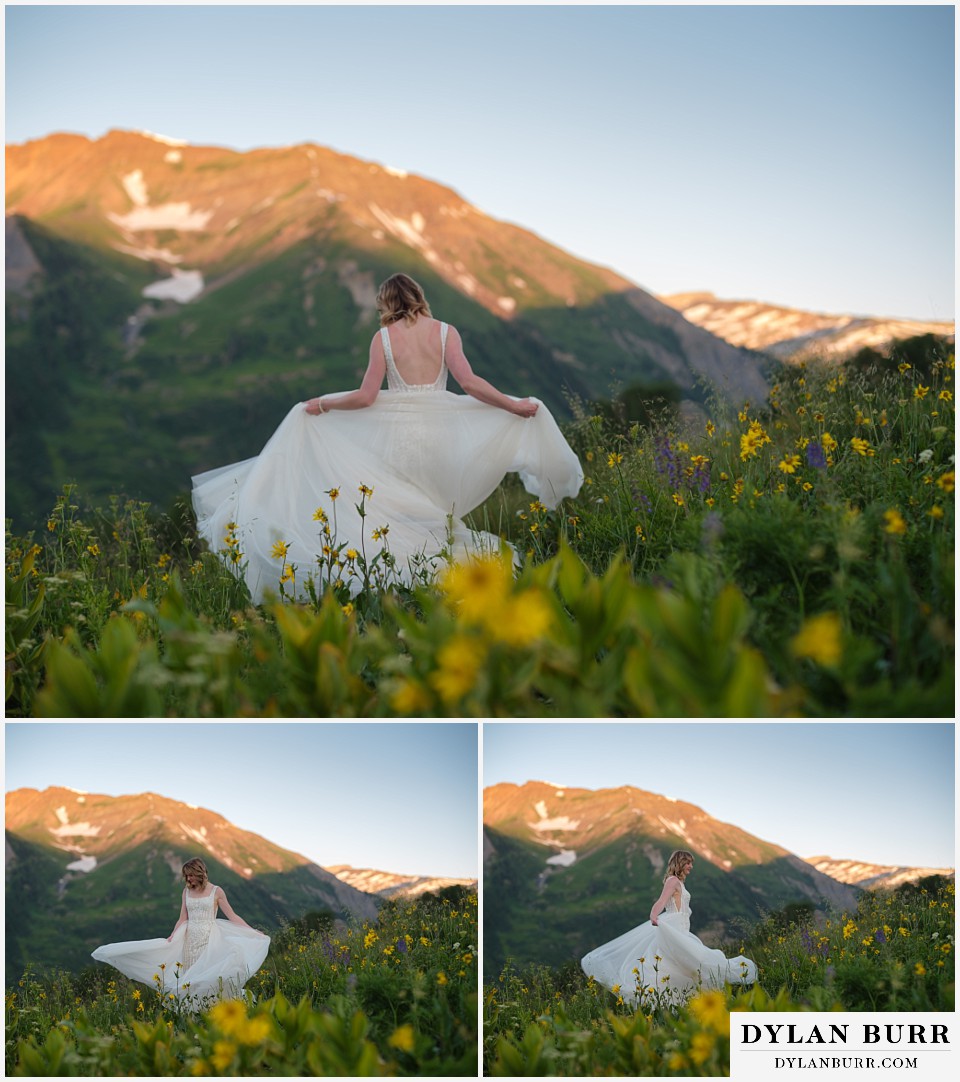 crested butte wedding elopement bride twirling in wildflowers