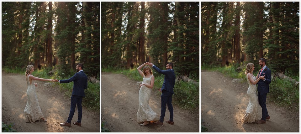crested butte wedding elopement dancing in a pine tree forest