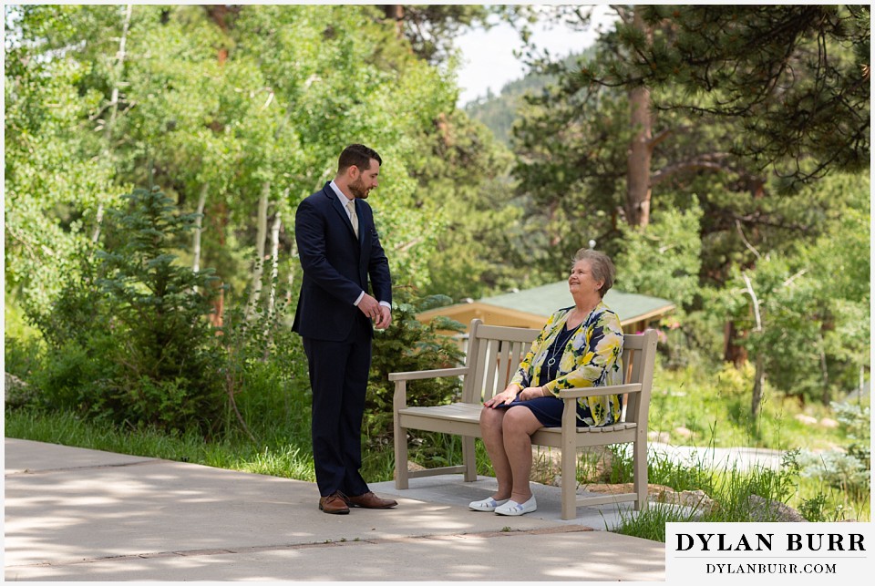 della terra mountain chateau wedding colorado rocky mountain national park wedding rmnp elopement groom talking with aunt before the ceremony