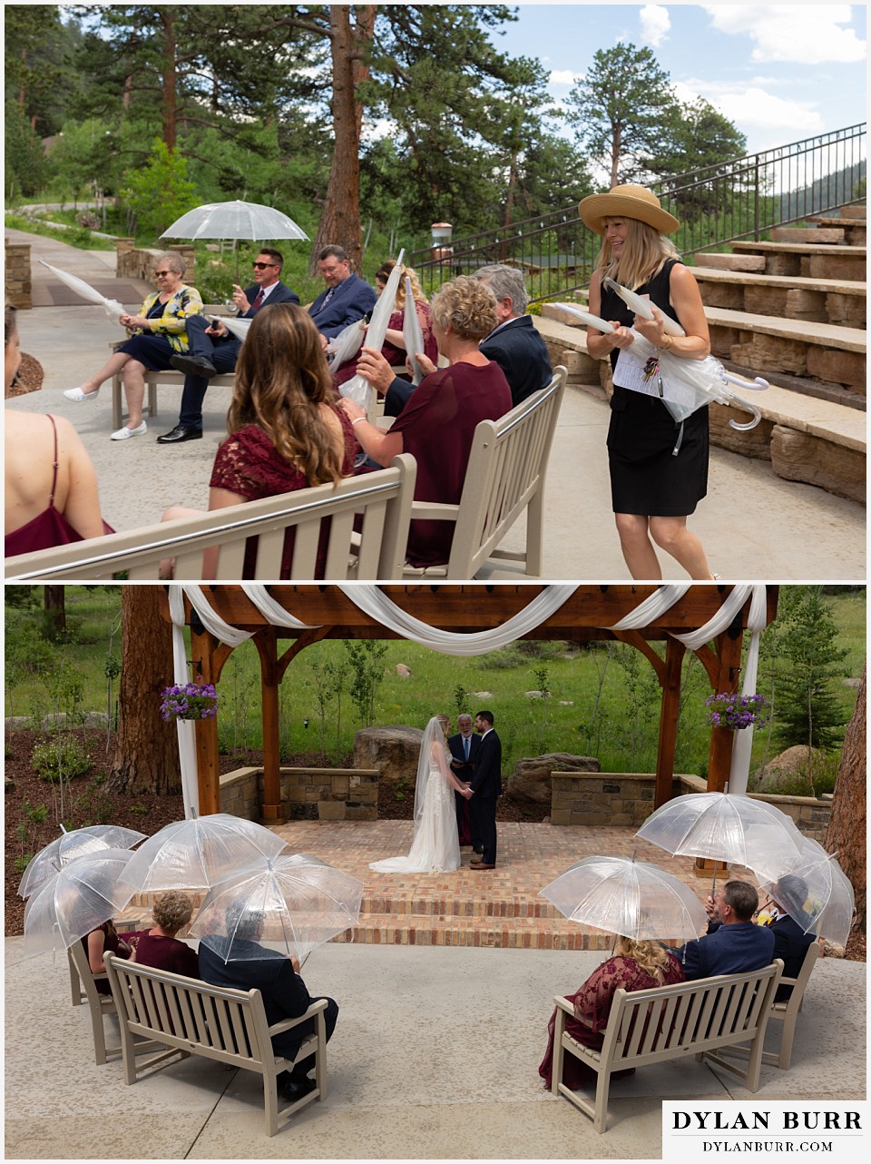 della terra mountain chateau wedding colorado rocky mountain national park wedding rmnp elopement handing out umbrellas for the incoming rain wide view showing guests with clear umbellas for the rain during full sun