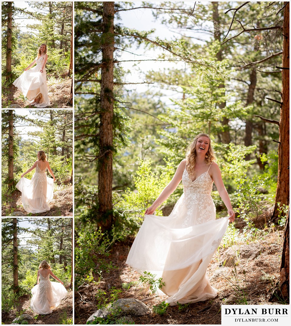 della terra mountain chateau wedding colorado rocky mountain national park wedding rmnp elopement bride twirling her dress in the sunlight