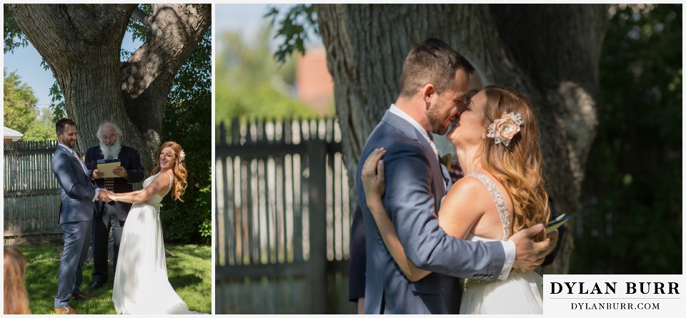 colorado wedding photographer denver backyard wedding ceremony first kiss
