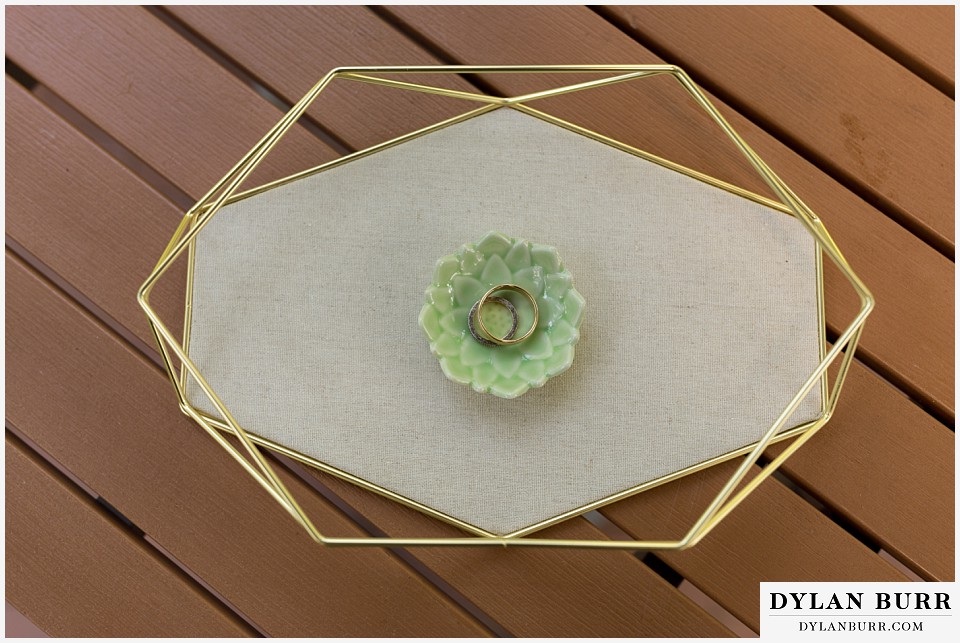 denver botanic gardens wedding colorado woodland mosaic wedding rings in geometric gold tray